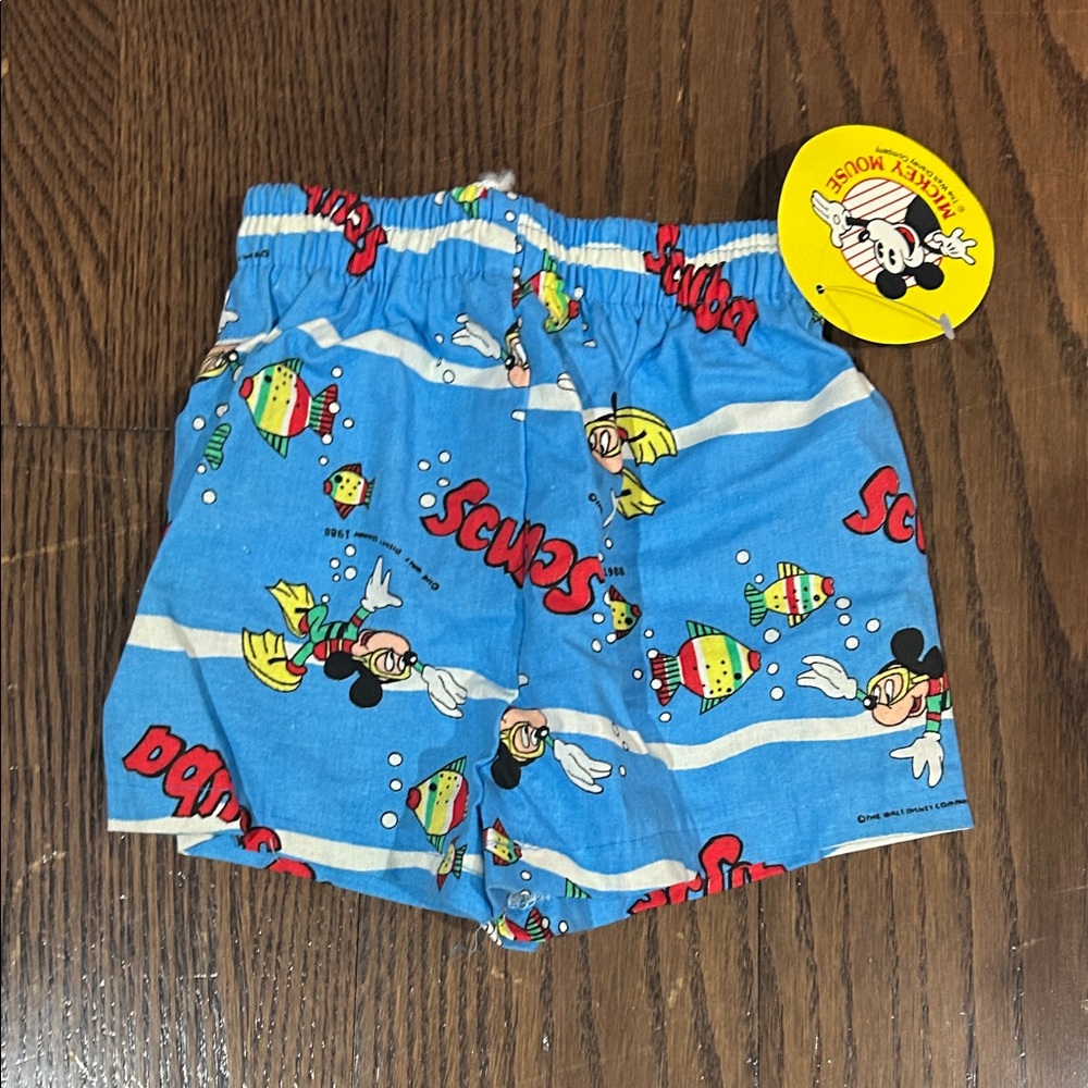 Disney Blue Mickey Mouse Swim Trunks with Colorful Fish Print Vtg sz 12-18
